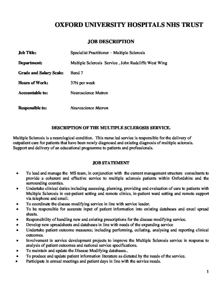 2023 Band 7 Specialist Practitioner (Nurse) at Oxford - Job Description