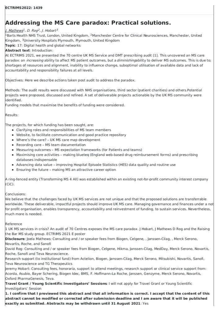 ECTRIMS 2022 Abstract - Addressing the MS Care Paradox - Practical Solutions