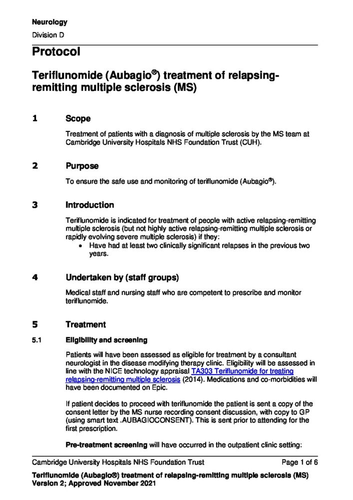 Teriflunomide protocol - Cambridge - November 2021